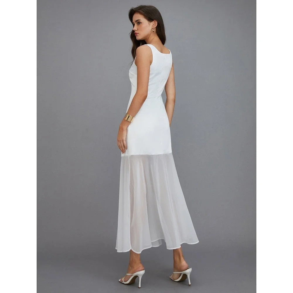 Commense White Maxi Dress Sheer Panel Sleeveless Party Cocktail Dress‎ size S